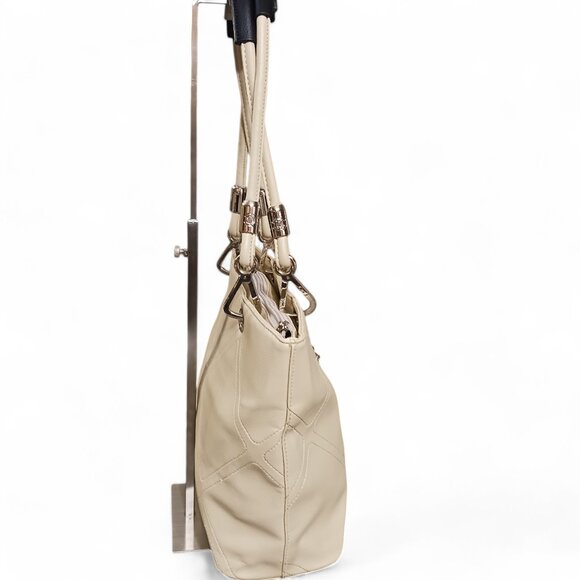 Cream Shoulder Carry-All Tote Bag with Contrast Black Accents, Silver Hardware - Picture 5 of 13